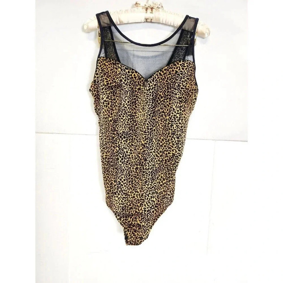 Slim Allure Womens Vintage Lepord Print/Sheer Swimsuit Size 18W Black - Picture 2 of 6